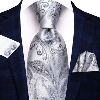 Silver Grey Paisley Silk Men's Necktie Pocket Square Cufflinks Set