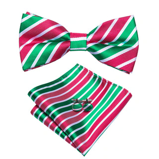 Green Red Striped Pre-tied Bow Tie Pocket Square Cufflinks Set