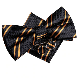 Golden Black Striped Pre-tied Bow Tie Pocket Square Cufflinks Set