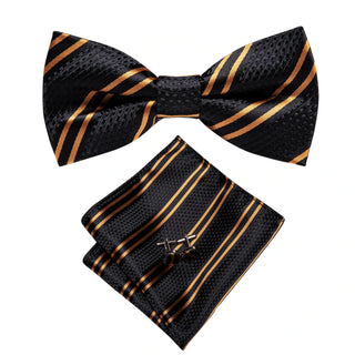 Golden Black Striped Pre-tied Bow Tie Pocket Square Cufflinks Set