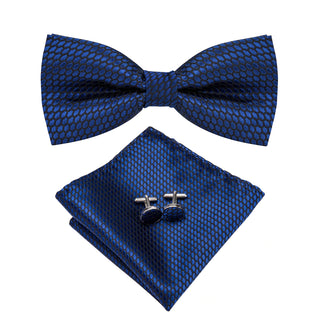 Dark Blue Black Plaid Pre-tied Bow Tie Pocket Square Cufflinks Set