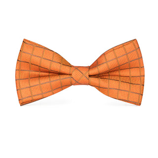 Orange Plaid Pre-tied Bow Tie Pocket Square Cufflinks Set