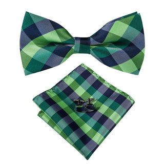 Green Blue Plaid Pre-tied Bow Tie Pocket Square Cufflinks Set