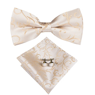 Champagne Beige White Floral Pre-tied Bow Tie Pocket Square Cufflinks Set