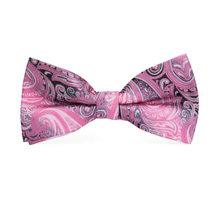 Pink Grey Paisley Pre-tied Bow Tie Pocket Square Cufflinks Set