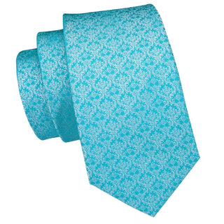 Light Blue Floral Silk Necktie Pocket Square Cufflinks Set