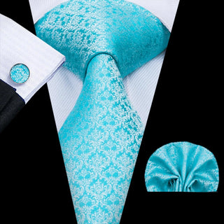 Light Blue Floral Silk Necktie Pocket Square Cufflinks Set