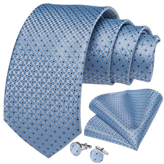 Luxury Blue Plaid Dot Silk Necktie Pocket Square Cufflinks Set