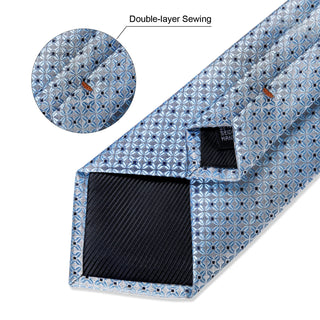Luxury Blue Plaid Dot Silk Necktie Pocket Square Cufflinks Set