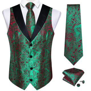 Green Red Paisley Jacquard Silk Vest Pocket Square Cufflinks Tie Set Waistcoat Suit Set