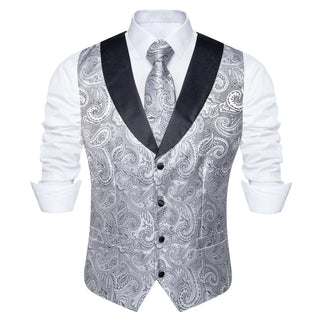 Silver Floral Jacquard V Neck Silk Vest Pocket Square Cufflinks Tie Set Waistcoat Suit Set