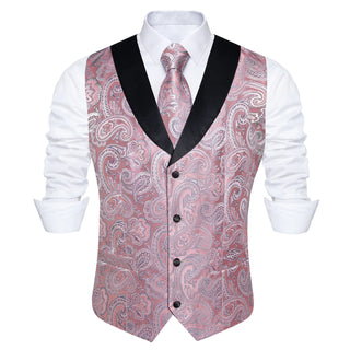 Pink Floral Jacquard V Neck Silk Vest Pocket Square Cufflinks Tie Set Waistcoat Suit Set
