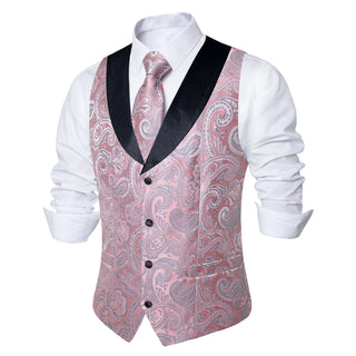 Pink Floral Jacquard V Neck Silk Vest Pocket Square Cufflinks Tie Set Waistcoat Suit Set