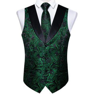 Green Paisley Jacquard V Neck Silk Vest Pocket Square Cufflinks Tie Set Waistcoat Suit Set