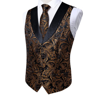Black Golden Floral Jacquard V Neck Silk Vest Pocket Square Cufflinks Tie Set Waistcoat Suit Set