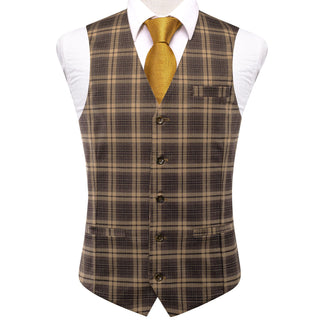 New Brown Yellow Plaid Silk Single Vest Waistcoat