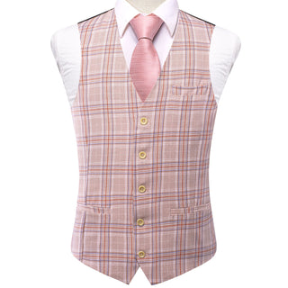 New Pink Orange Plaid Silk Single Vest Waistcoat