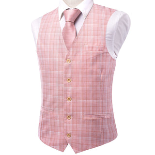 New Pink White Plaid Silk Single Vest Waistcoat