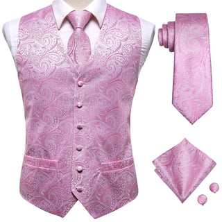 Pink Paisley Jacquard Silk Men's Vest Pocket Square Cufflinks Tie Set Waistcoat Suit Set