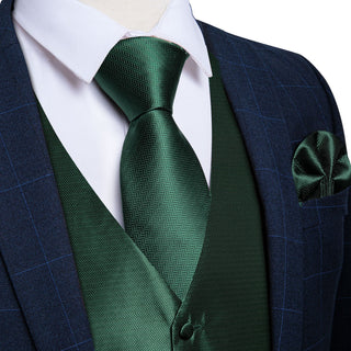 Solid Shining Green Jacquard Silk Men's Vest Pocket Square Cufflinks Tie Set Waistcoat Suit Set