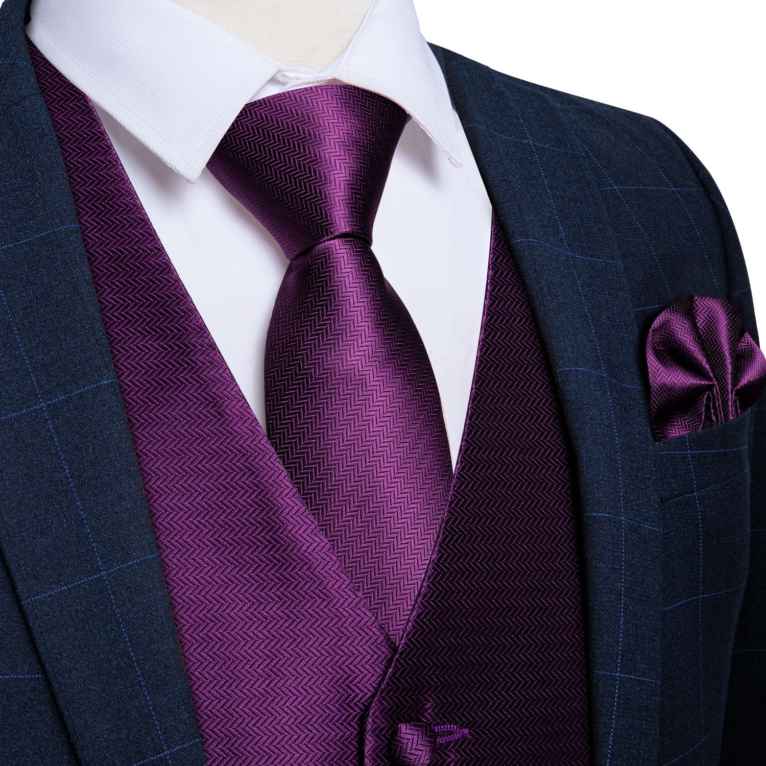 Solid Shining Purple Jacquard Silk Men's Vest Pocket Square Cufflinks Tie Set Waistcoat Suit Set