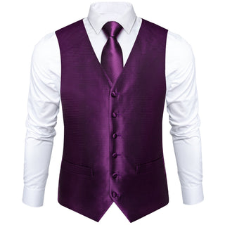 Solid Shining Purple Jacquard Silk Men's Vest Pocket Square Cufflinks Tie Set Waistcoat Suit Set