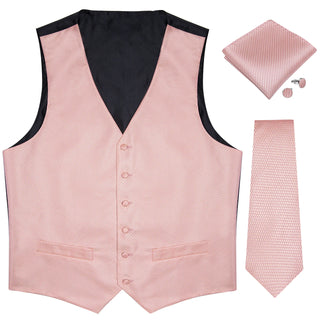 Solid Baby Pink Men's Vest Pocket Square Cufflinks Tie Set Waistcoat Suit Set
