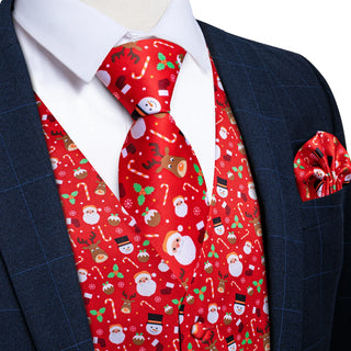 Christmas Red Santa Claus Jacquard Novelty Silk Vest Pocket Square Cufflinks Tie Set Waistcoat Suit Set