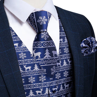 Christmas Blue Elk Tree Jacquard Silk Vest Pocket Square Cufflinks Tie Set Waistcoat Suit Set