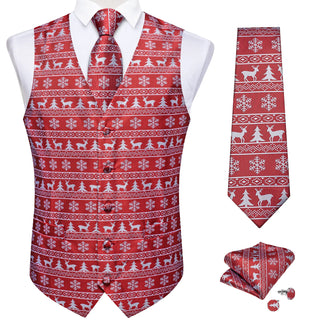 Christmas Red Elk Tree Jacquard Silk Vest Pocket Square Cufflinks Tie Set Waistcoat Suit Set