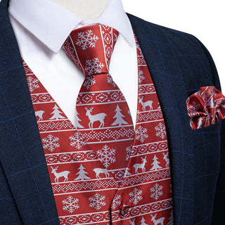 Christmas Red Elk Tree Jacquard Silk Vest Pocket Square Cufflinks Tie Set Waistcoat Suit Set