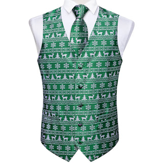 Christmas Green Elk Tree Jacquard Silk Vest Pocket Square Cufflinks Tie Set Waistcoat Suit Set