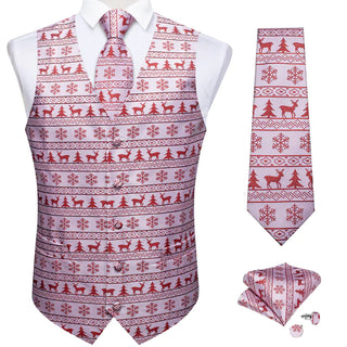 Christmas Red White Elk Tree Jacquard Silk Vest Pocket Square Cufflinks Tie Set Waistcoat Suit Set