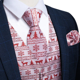 Christmas Red White Elk Tree Jacquard Silk Vest Pocket Square Cufflinks Tie Set Waistcoat Suit Set