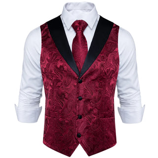 Red Paisley Jacquard V Neck Silk Vest Pocket Square Cufflinks Tie Set Waistcoat Suit Set