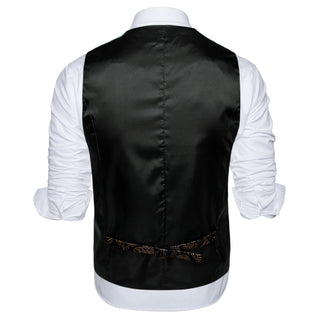 Black Golden Paisley Jacquard Silk Vest Pocket Square Cufflinks Tie Set Waistcoat Suit Set