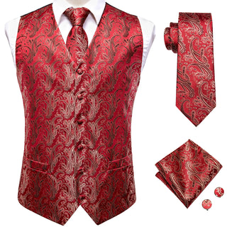 Classic Red Jacquard Paisley Silk Vest Pocket Square Cufflinks Tie Set Waistcoat Suit Set