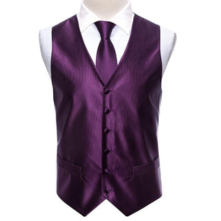 Plum Purple Plaid Silk Men's Vest Pocket Square Cufflinks Tie Set Waistcoat Suit Set