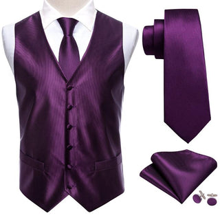 Plum Purple Plaid Silk Men's Vest Pocket Square Cufflinks Tie Set Waistcoat Suit Set