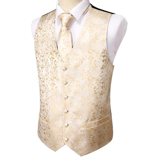 Classic Champagne Floral Jacquard Silk Men's Vest Pocket Square Cufflinks Tie Set Waistcoat Suit Set