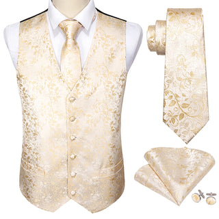 Classic Champagne Floral Jacquard Silk Men's Vest Pocket Square Cufflinks Tie Set Waistcoat Suit Set