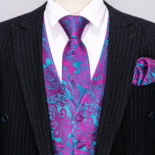 New Purple Blue Paisley Jacquard Silk Men's Vest Pocket Square Cufflinks Tie Set Waistcoat Suit Set