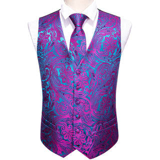 New Purple Blue Paisley Jacquard Silk Men's Vest Pocket Square Cufflinks Tie Set Waistcoat Suit Set
