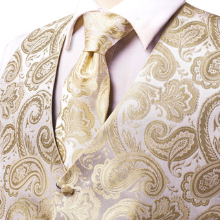 Luxury Champagne White Silk Vest Pocket Square Cufflinks Tie Set Waistcoat Suit Set