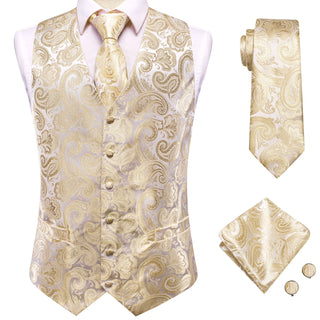 Luxury Champagne White Silk Vest Pocket Square Cufflinks Tie Set Waistcoat Suit Set