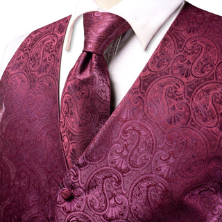 Luxury Rose Red Paisley Silk Vest Pocket Square Cufflinks Tie Set Waistcoat Suit Set