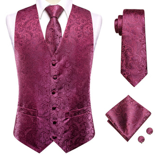 Luxury Rose Red Paisley Silk Vest Pocket Square Cufflinks Tie Set Waistcoat Suit Set