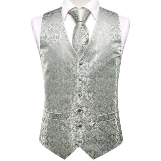 New Luxury Grey Sliver Floral Silk Vest Pocket Square Cufflinks Tie Set Waistcoat Suit Set