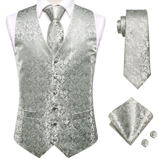New Luxury Grey Sliver Floral Silk Vest Pocket Square Cufflinks Tie Set Waistcoat Suit Set
