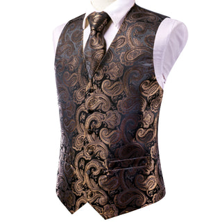 Luxury Brown Black Paisley Silk Vest Pocket Square Cufflinks Tie Set Waistcoat Suit Set